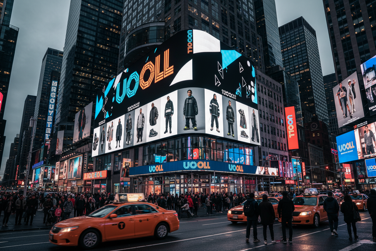 맨하탄 타임스퀘어 거리에 나타난 스트릿브랜드 Uooll의 모습을 보여줘